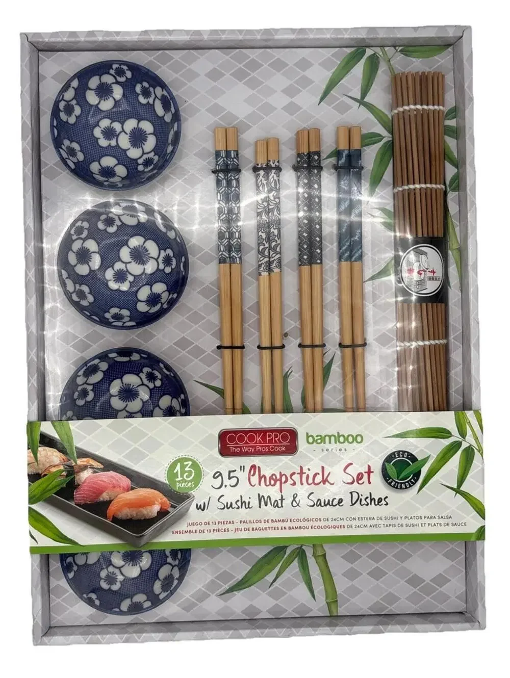 Cook Pro Chopstick Set w/ Sushi Mat & Sauce Dishes, 13 Pieces/9.5” Bamboo Series